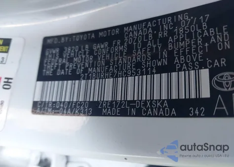 2017 Toyota Corolla Se из США, поврежденный, VIN 2T1BURHE7HC953114